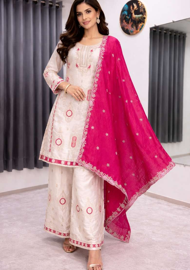 White Thread Work Chinon Kurta Set - Indya