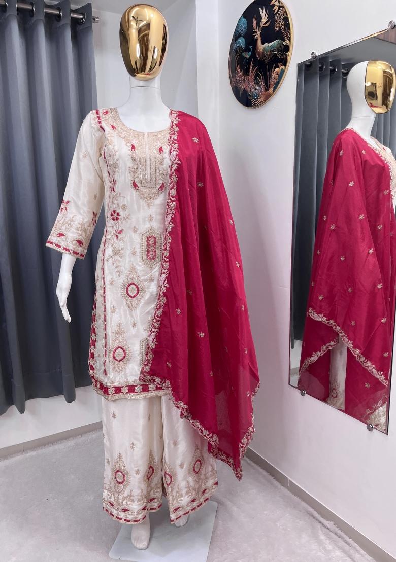 White Thread Work Chinon Kurta Set - Indya