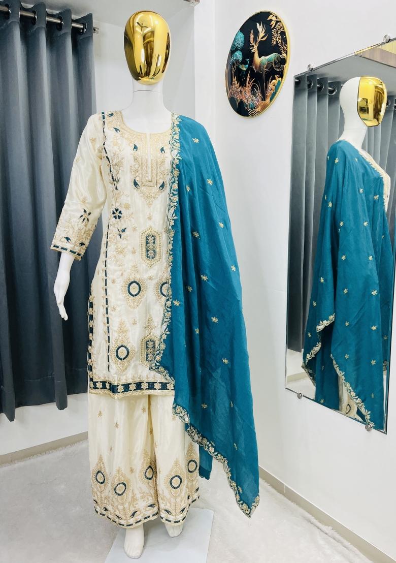 White Thread Work Chinon Kurta Set - Indya