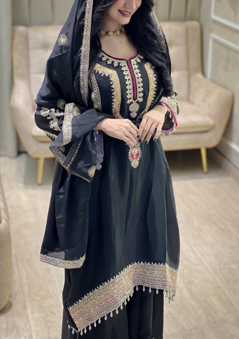 Black Thread Work Chinon Kurta Set - Indya