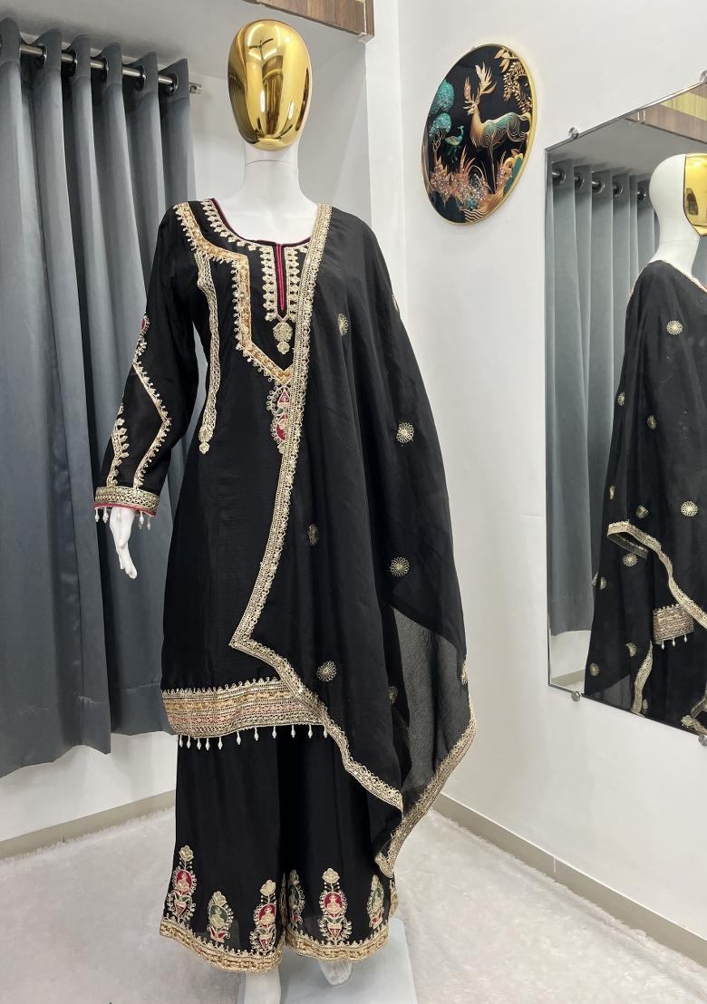 Black Thread Work Chinon Kurta Set - Indya