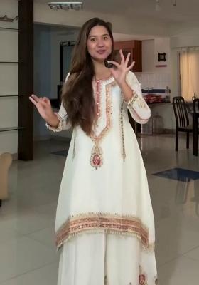 Cream Thread Work Chinon Kurta Set