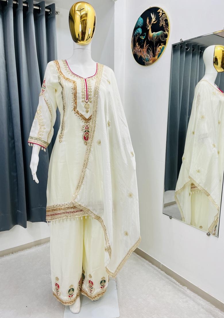 Cream Thread Work Chinon Kurta Set - Indya