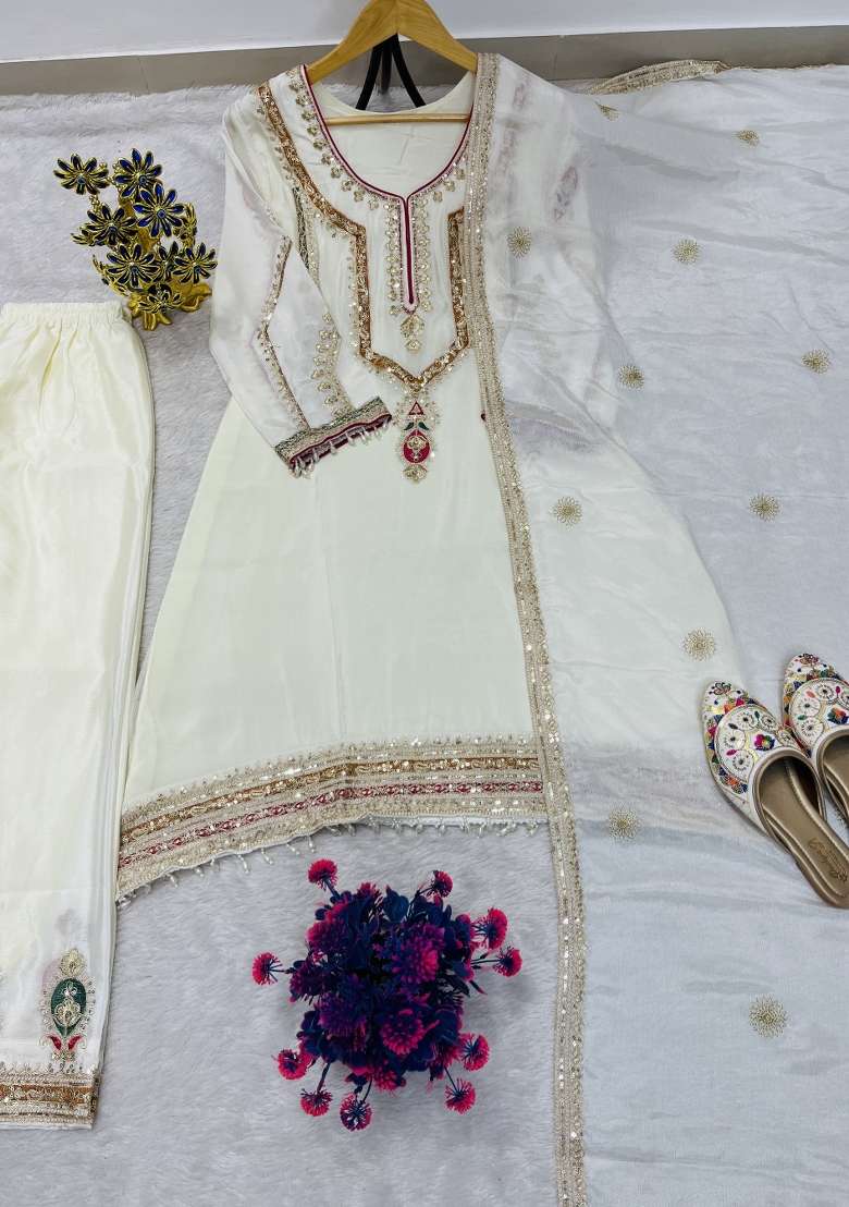 Cream Thread Work Chinon Kurta Set - Indya