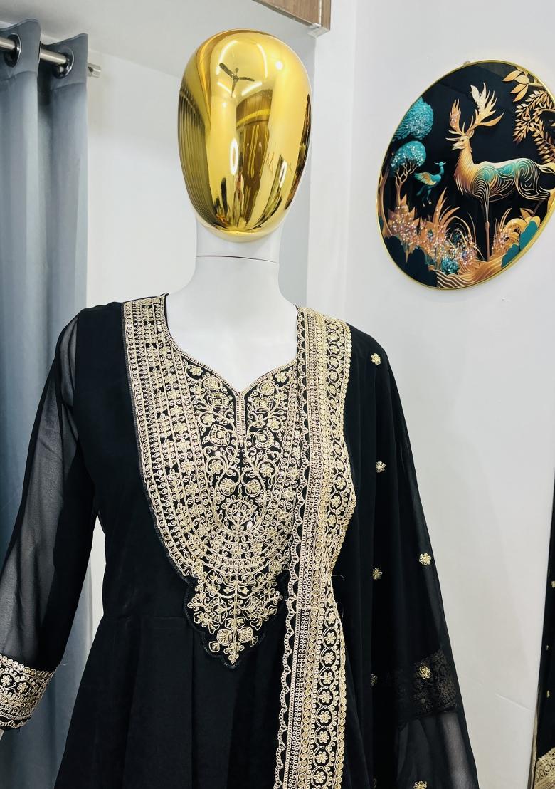 Black Thread Work Georgette Kurta Set - Indya