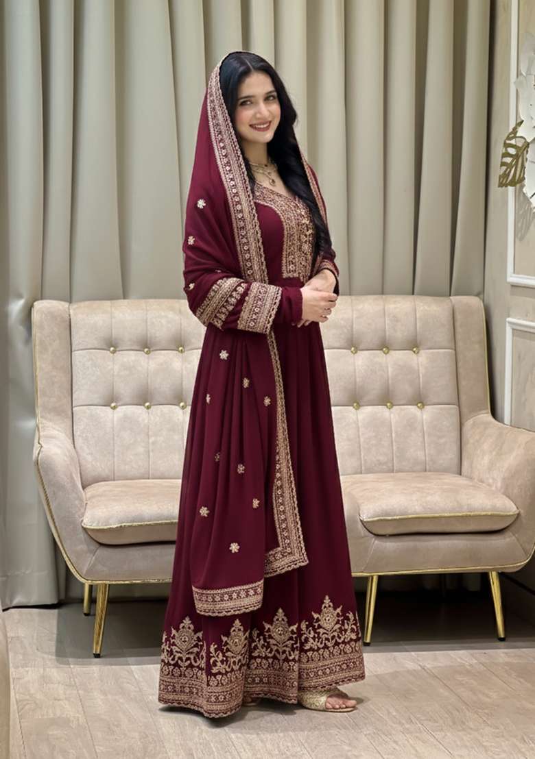 Maroon Thread Work Georgette Kurta Set - Indya