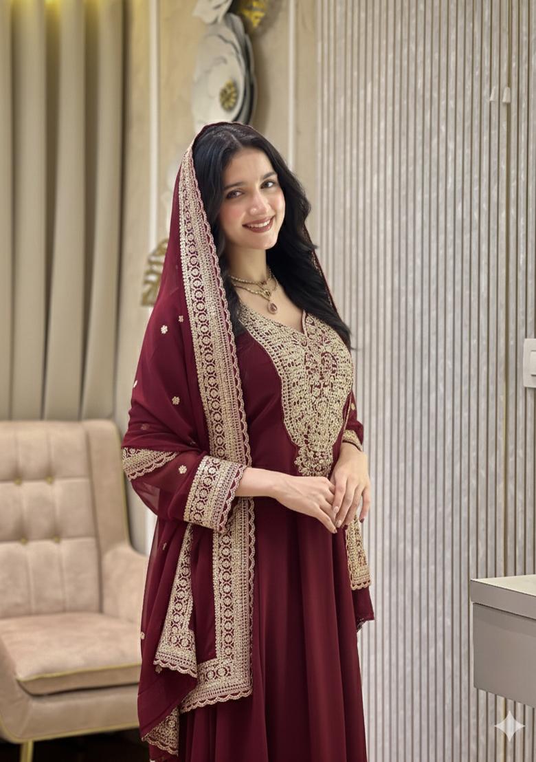 Maroon Thread Work Georgette Kurta Set - Indya