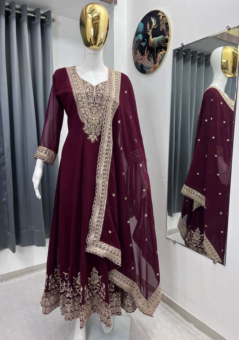 Maroon Thread Work Georgette Kurta Set - Indya