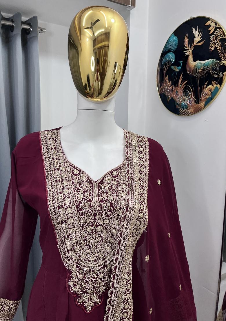 Maroon Thread Work Georgette Kurta Set - Indya