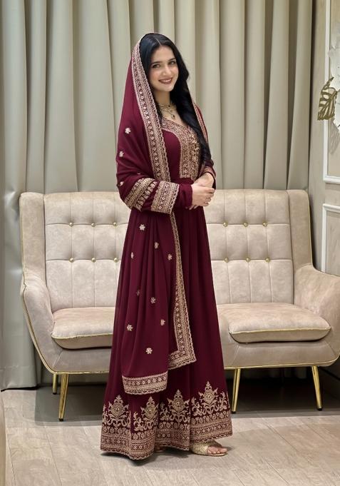 Maroon Thread Work Georgette Kurta Set