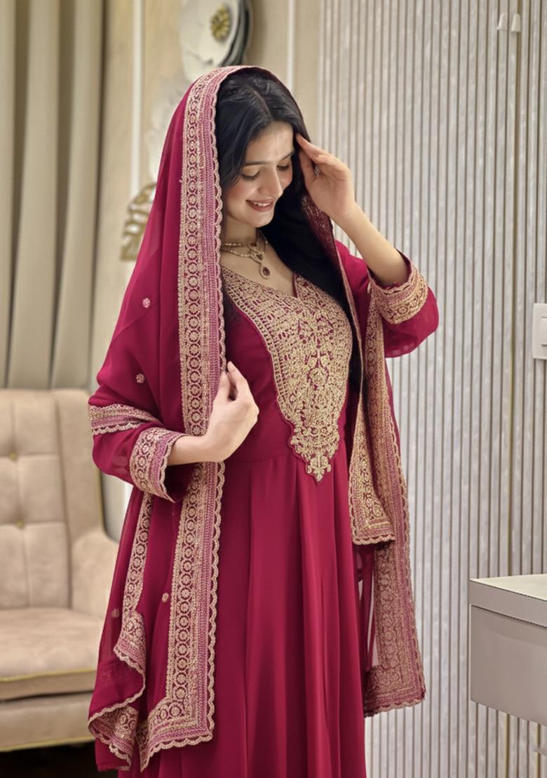 Rani Pink Thread Work Georgette Kurta Set - Indya