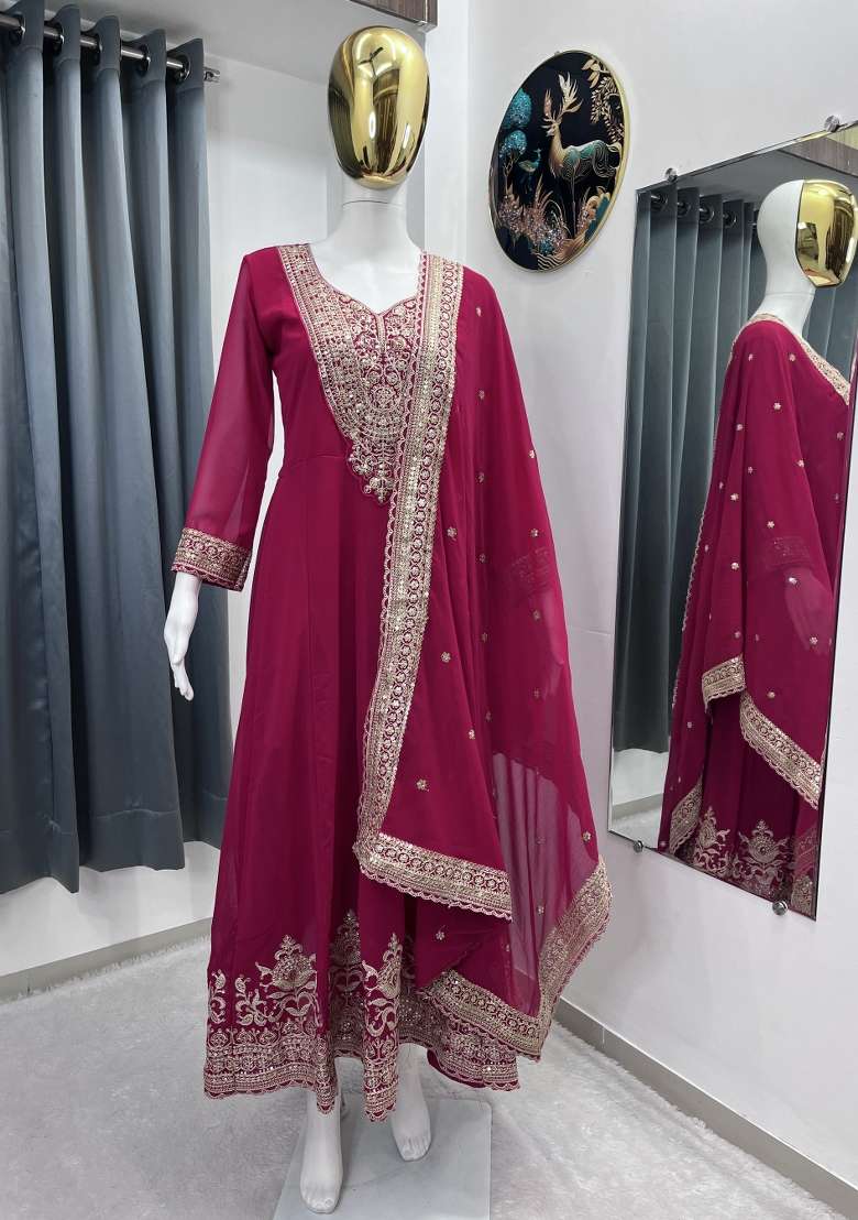 Rani Pink Thread Work Georgette Kurta Set - Indya