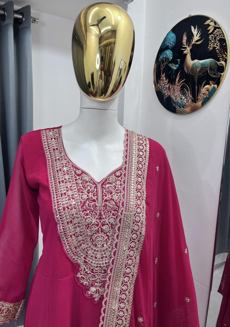 Rani Pink Thread Work Georgette Kurta Set - Indya