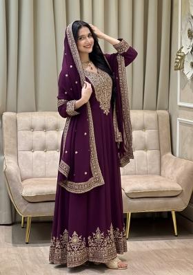 Wine Thread Work Georgette Kurta Set