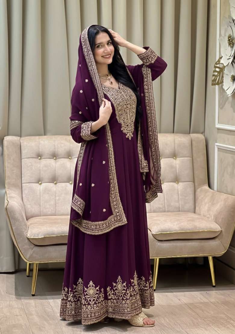 Wine Thread Work Georgette Kurta Set - Indya
