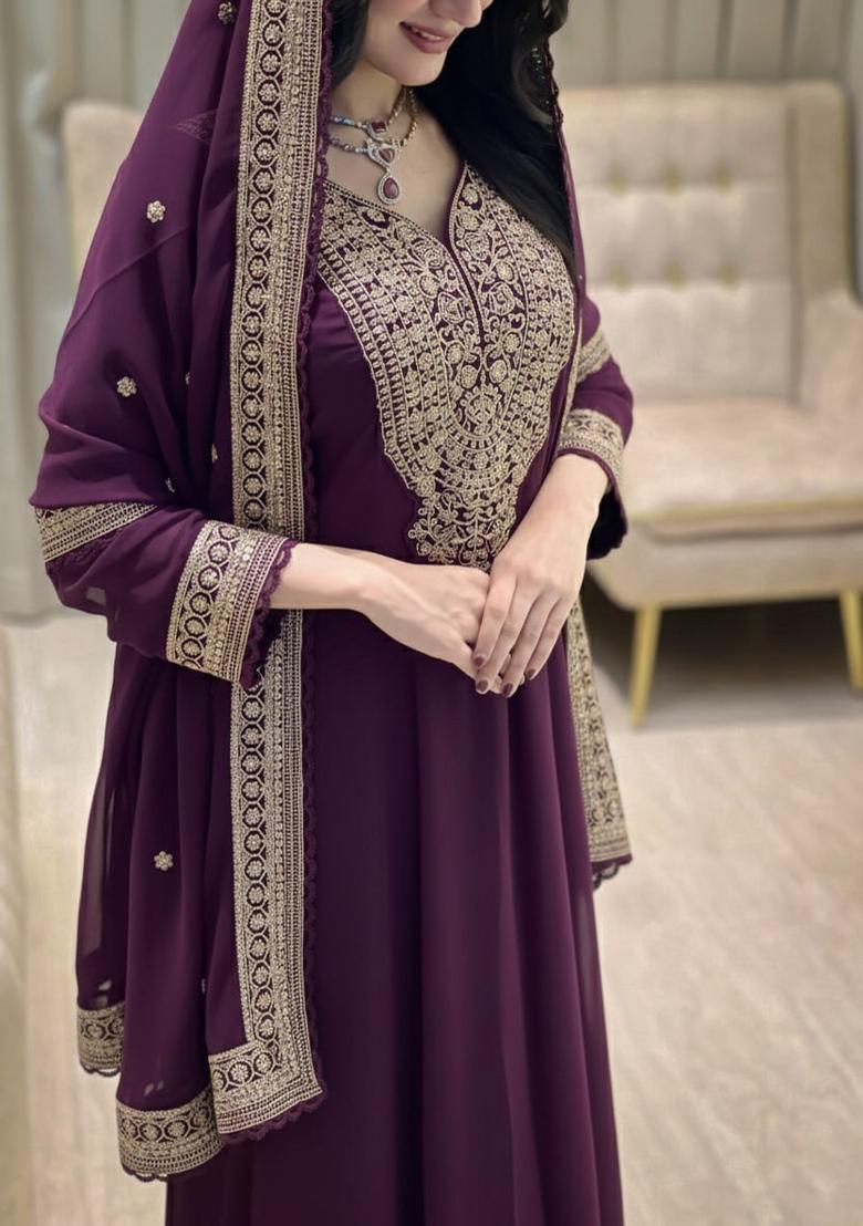 Wine Thread Work Georgette Kurta Set - Indya