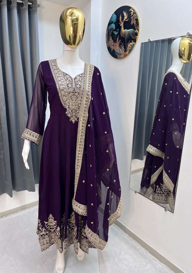 Wine Thread Work Georgette Kurta Set - Indya