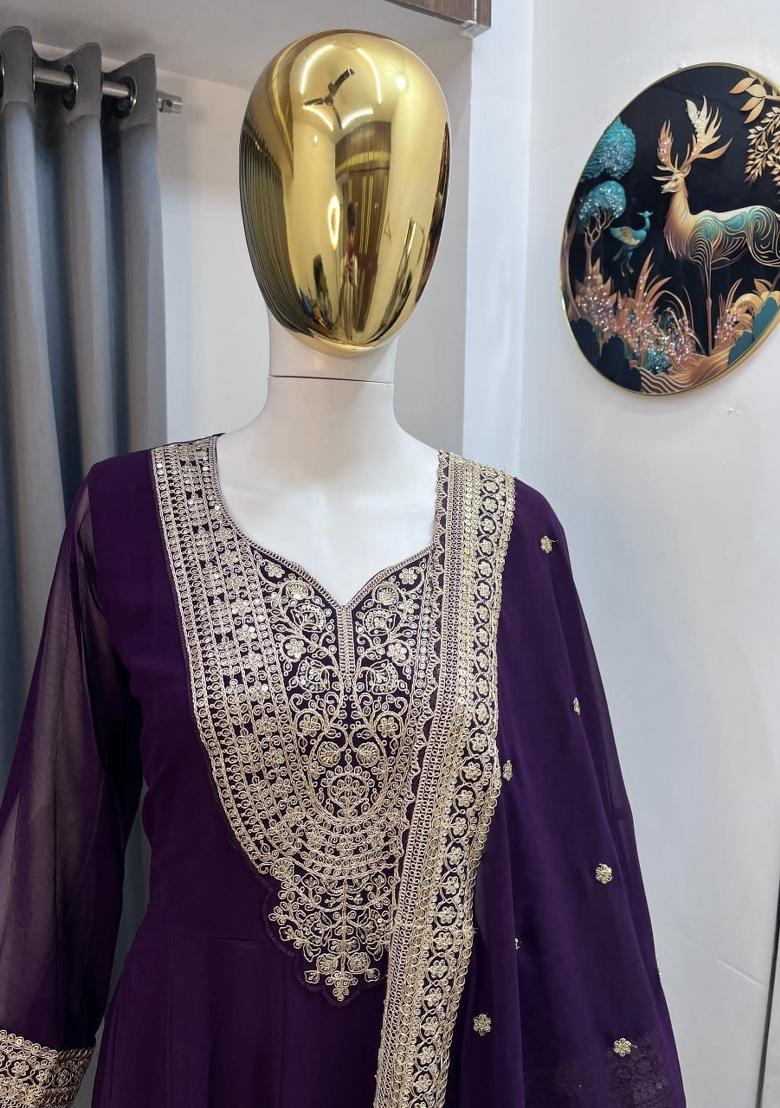 Wine Thread Work Georgette Kurta Set - Indya