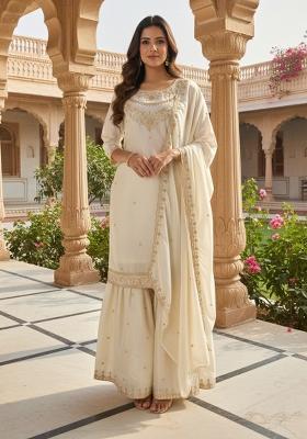 Cream Thread Work Satin Kurta Set