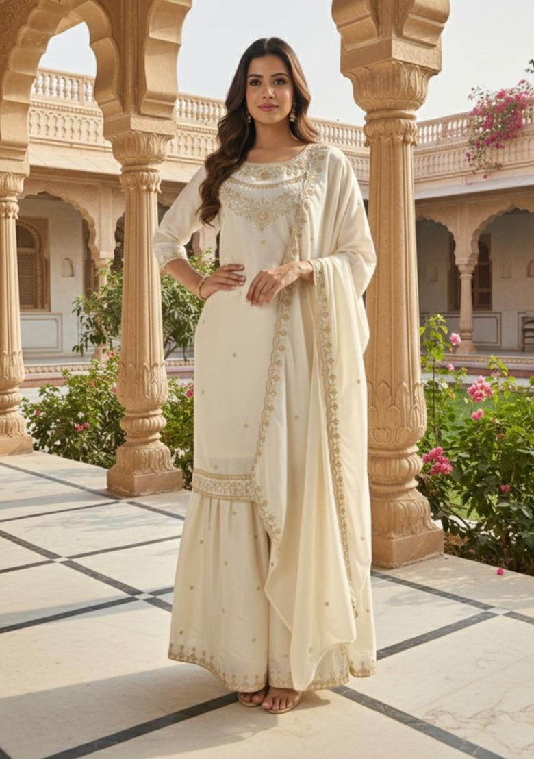Cream Thread Work Satin Kurta Set - Indya