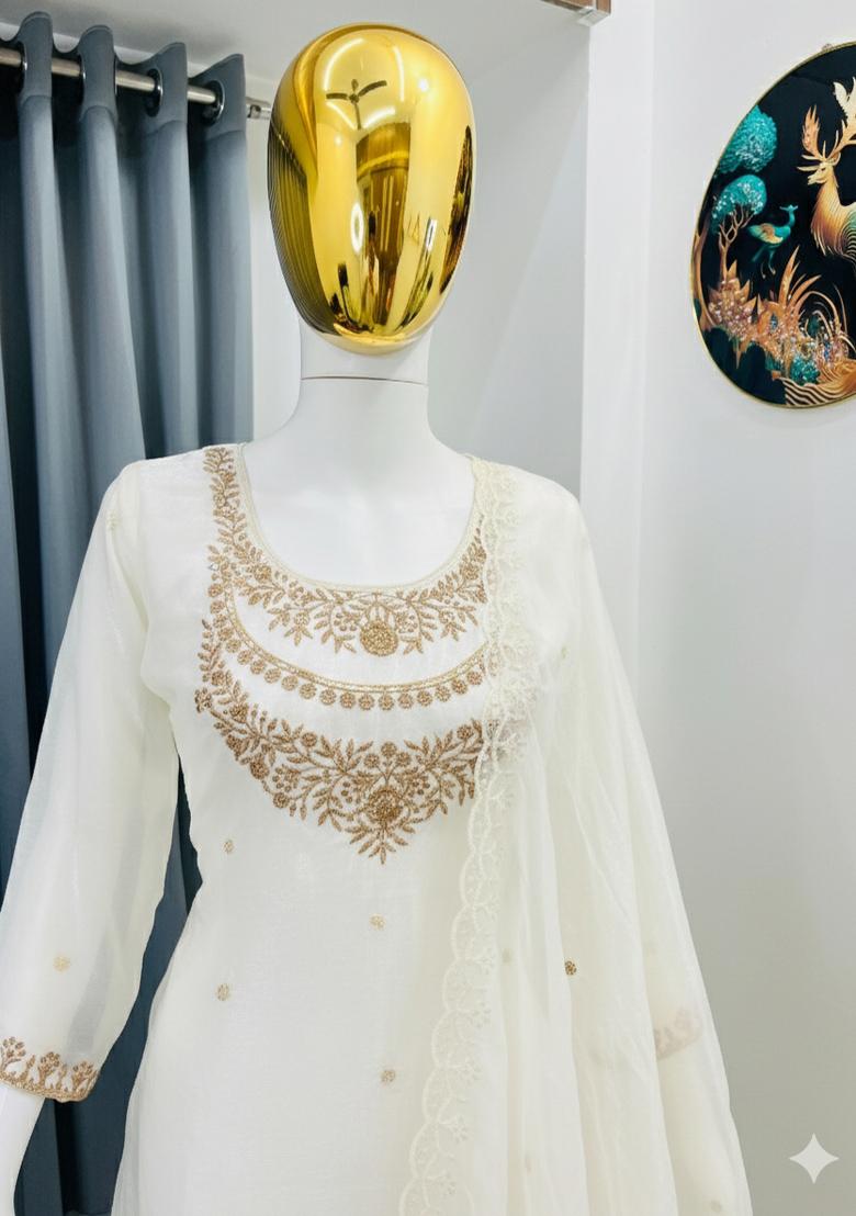 Cream Thread Work Satin Kurta Set - Indya