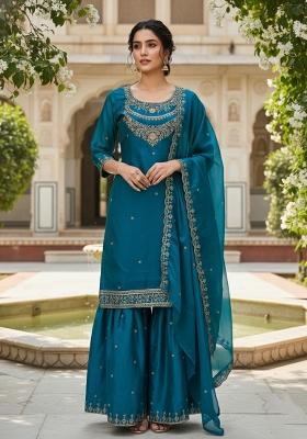Teal Thread Work Satin Kurta Set