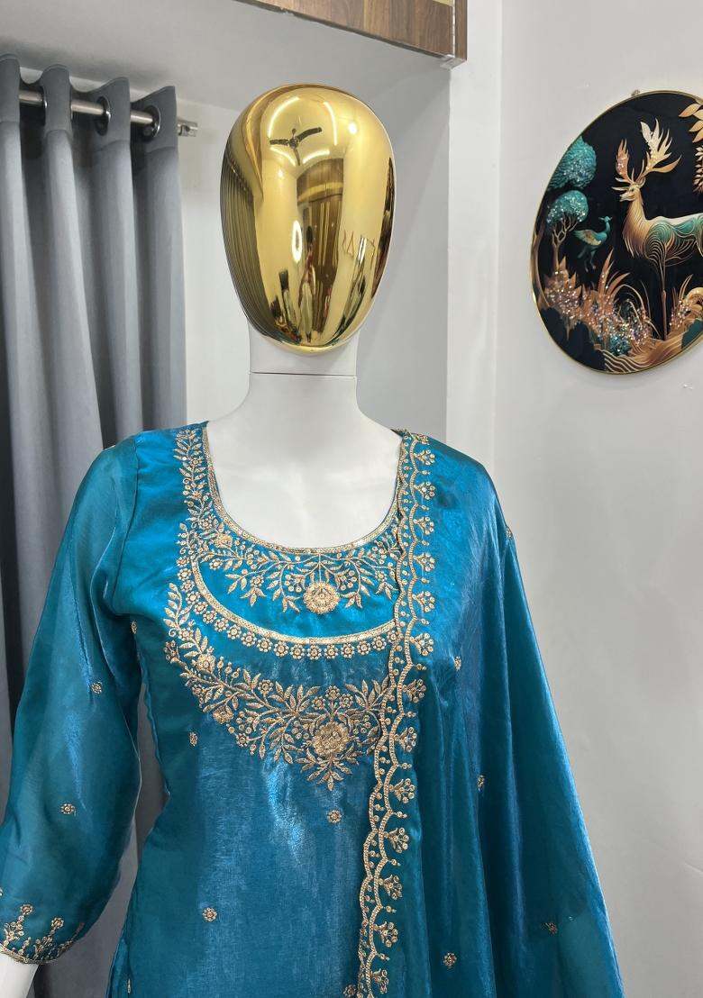 Teal Thread Work Satin Kurta Set - Indya
