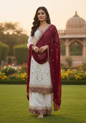 White Thread Work Georgette Kurta Set