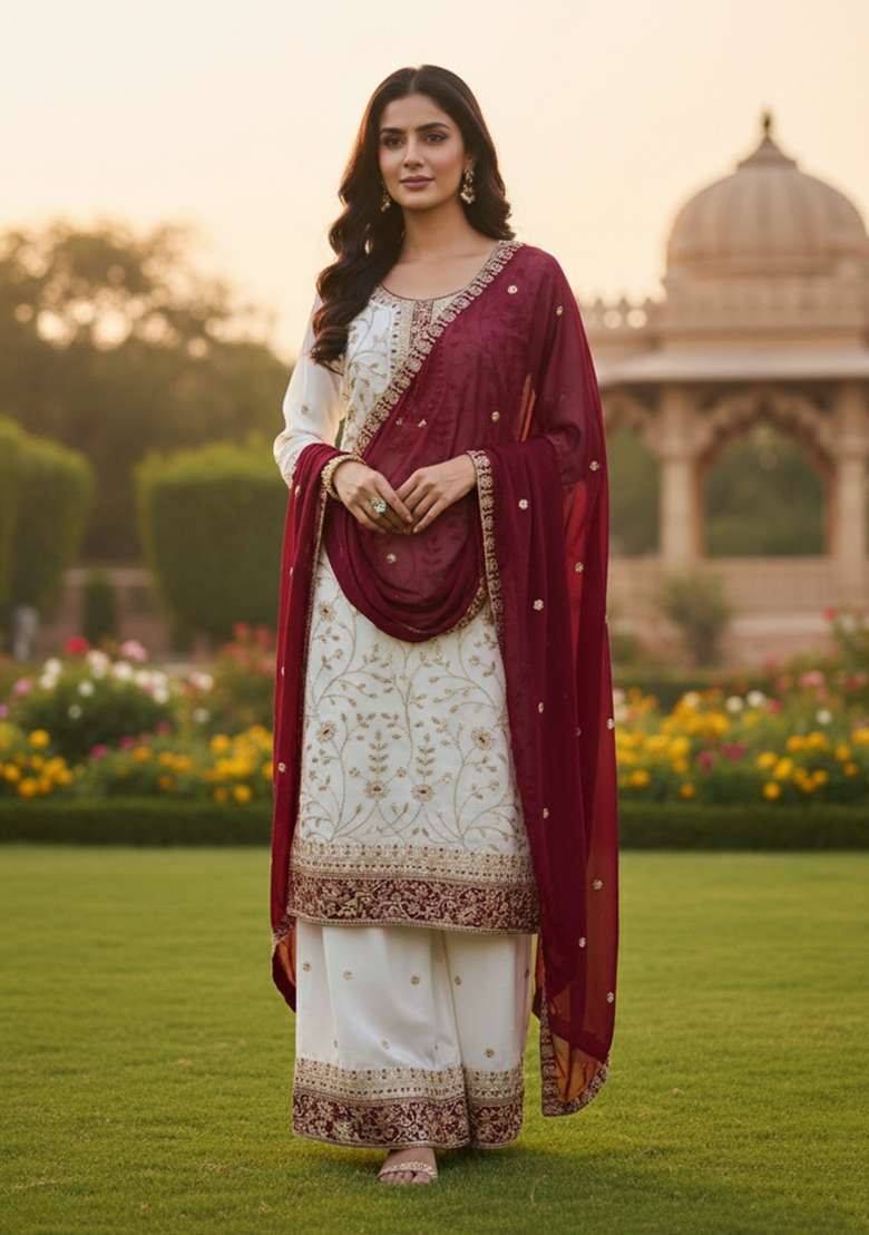 White Thread Work Georgette Kurta Set - Indya