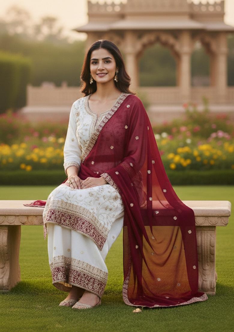 White Thread Work Georgette Kurta Set - Indya