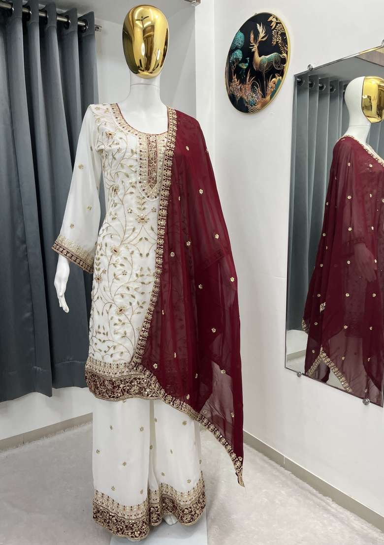 White Thread Work Georgette Kurta Set - Indya