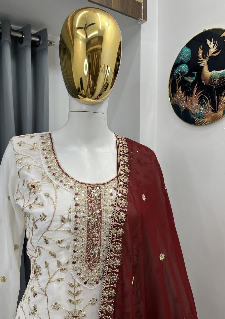 White Thread Work Georgette Kurta Set - Indya