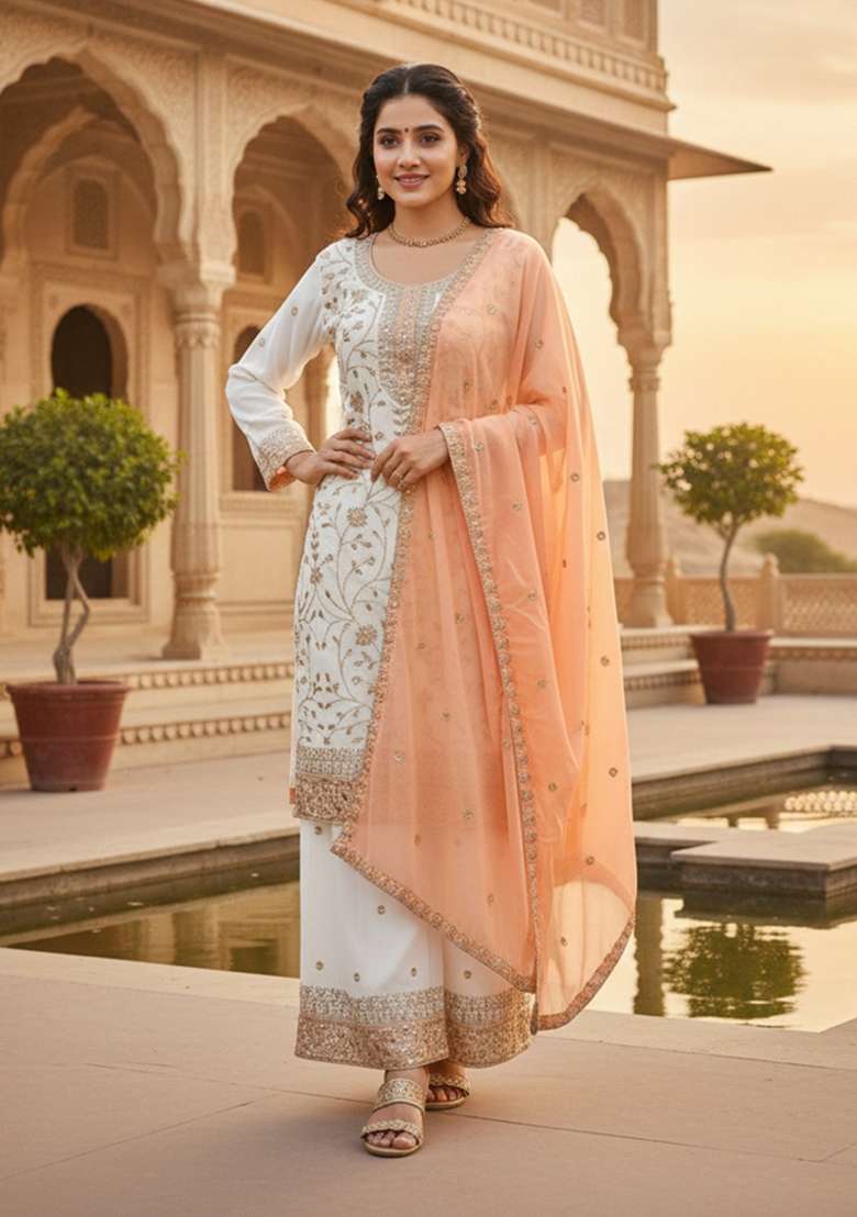 White Thread Work Georgette Kurta Set - Indya