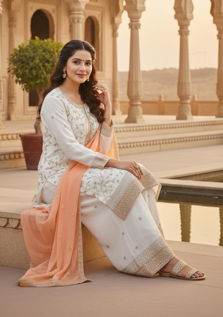 White Thread Work Georgette Kurta Set - Indya