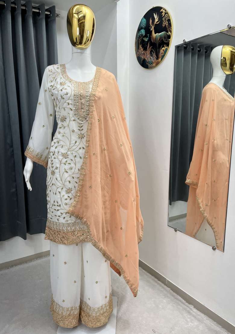 White Thread Work Georgette Kurta Set - Indya