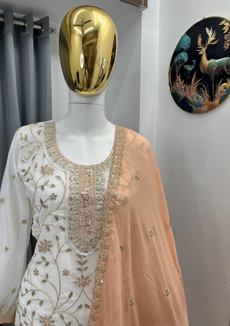 White Thread Work Georgette Kurta Set - Indya