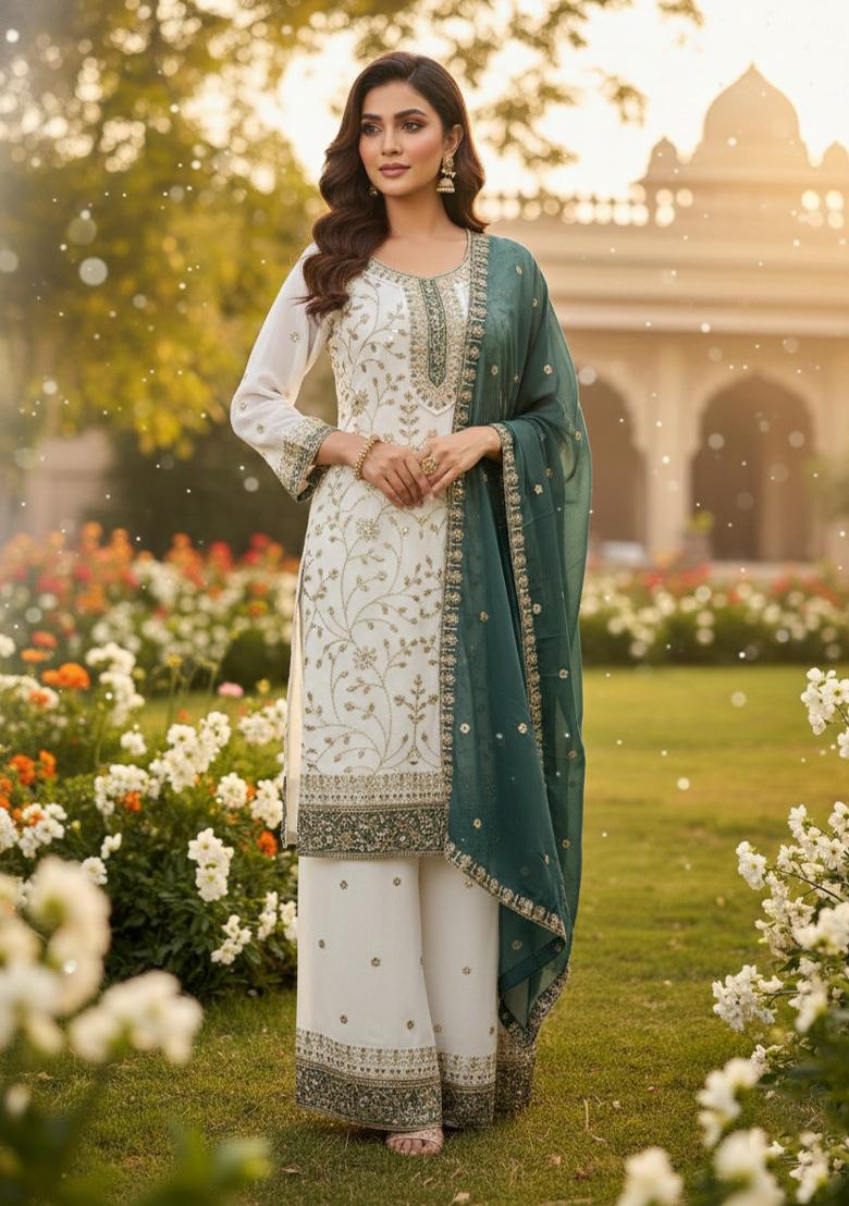 White Thread Work Georgette Kurta Set - Indya