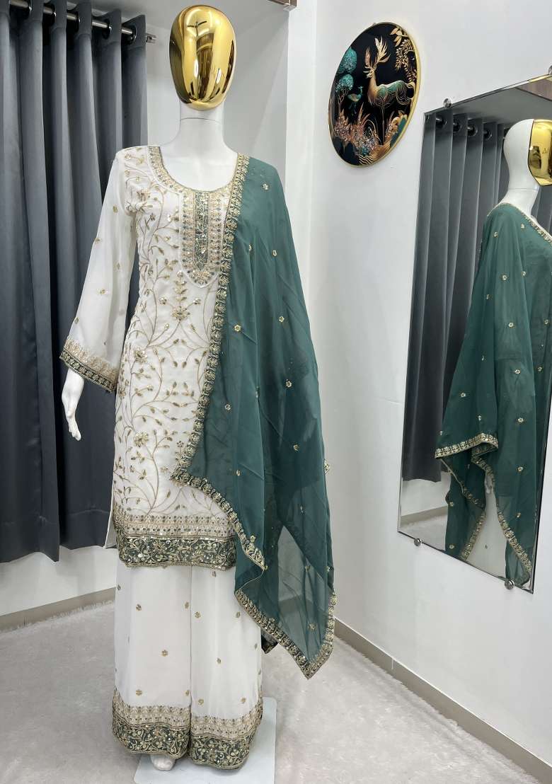 White Thread Work Georgette Kurta Set - Indya