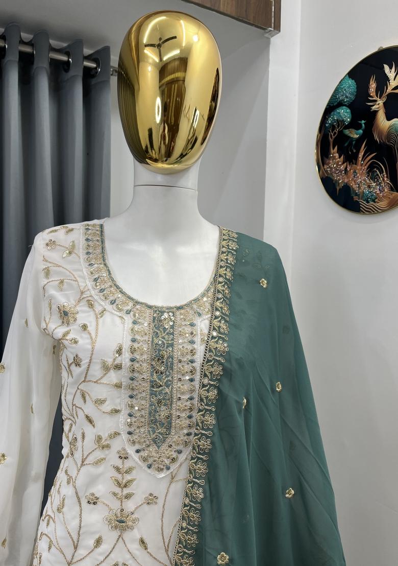 White Thread Work Georgette Kurta Set - Indya