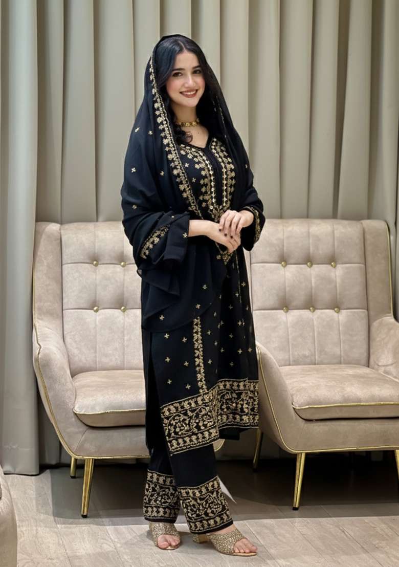 Black Thread Work Georgette Kurta Set - Indya