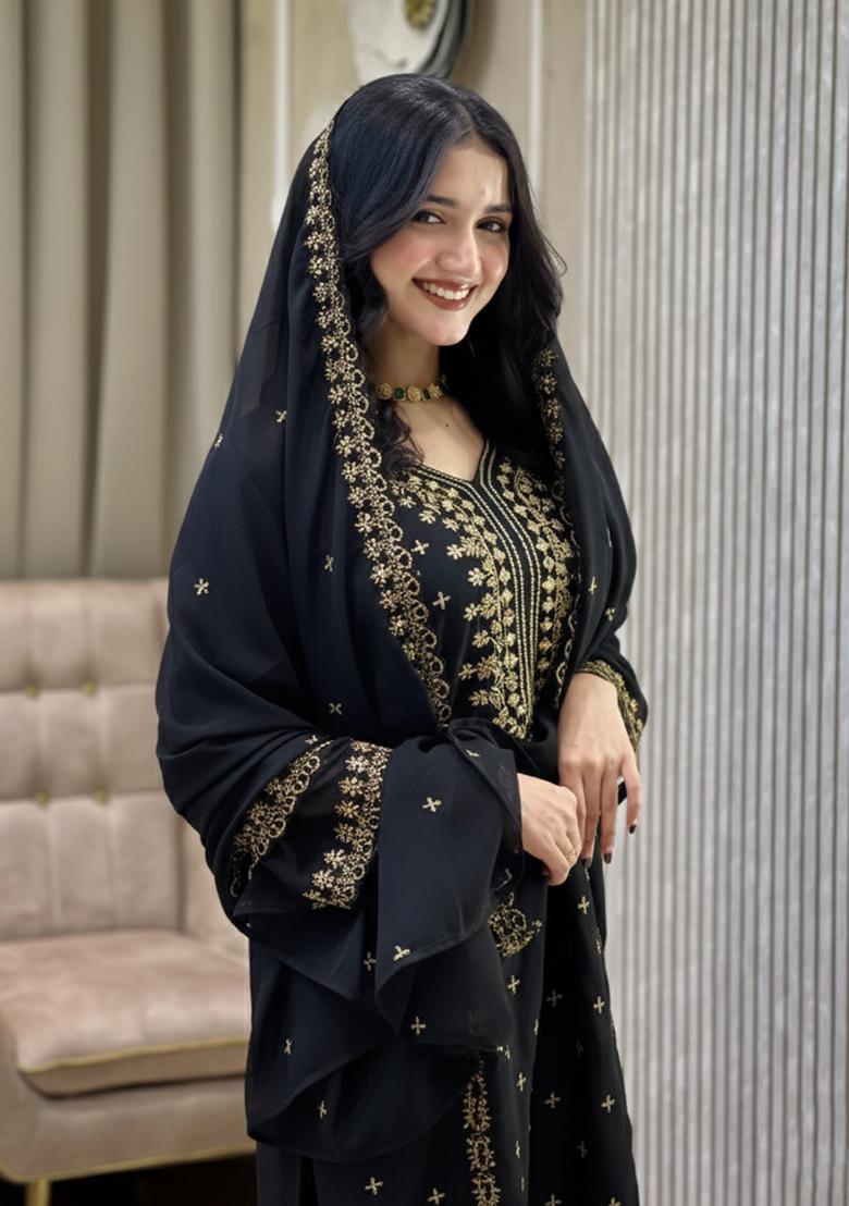 Black Thread Work Georgette Kurta Set - Indya