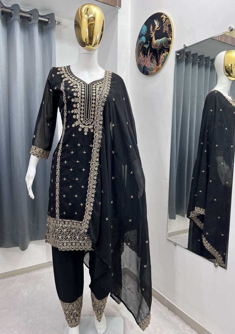 Black Thread Work Georgette Kurta Set - Indya