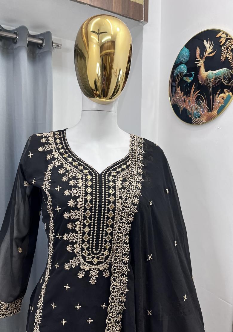 Black Thread Work Georgette Kurta Set - Indya