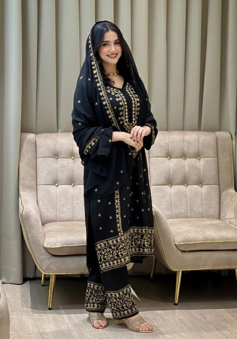 Black Thread Work Georgette Kurta Set