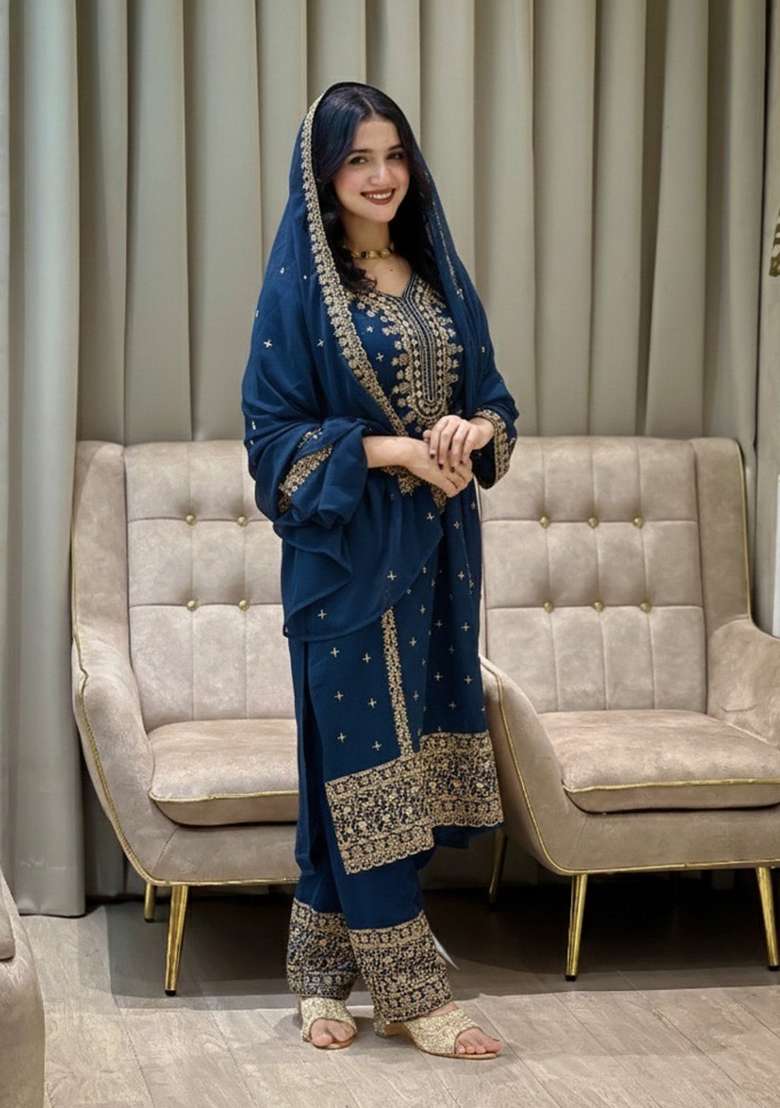Blue Thread Work Georgette Kurta Set - Indya