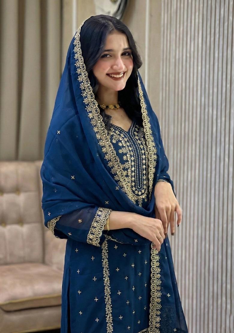 Blue Thread Work Georgette Kurta Set - Indya