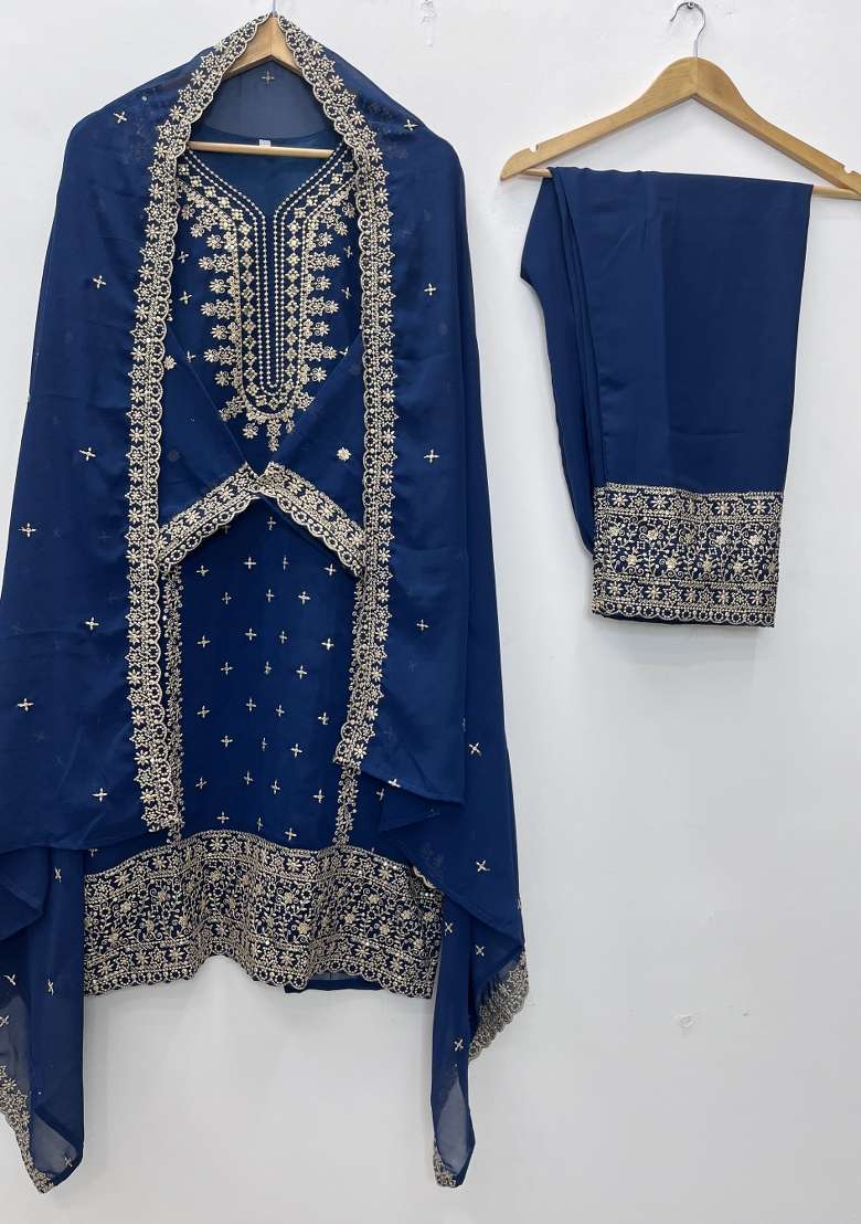 Blue Thread Work Georgette Kurta Set - Indya