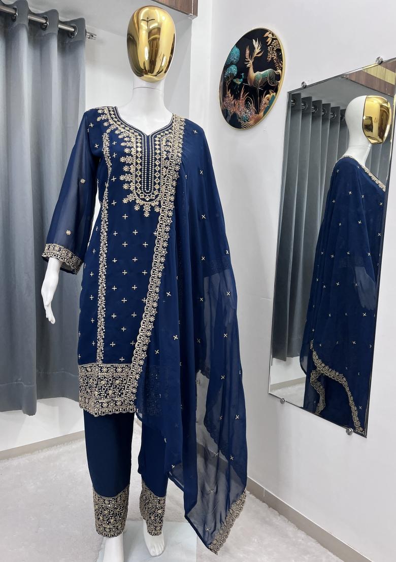 Blue Thread Work Georgette Kurta Set - Indya