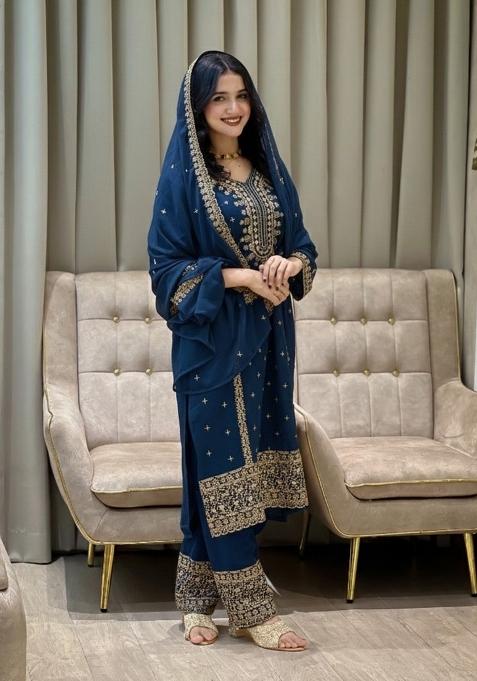 Blue Thread Work Georgette Kurta Set