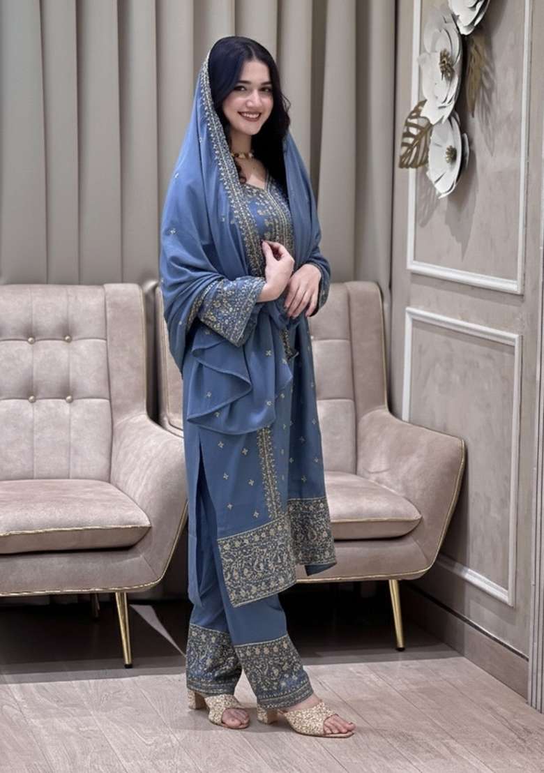 Lavender Thread Work Georgette Kurta Set - Indya